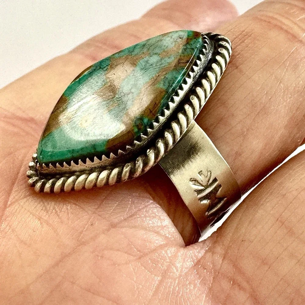 Navajo‎ Turquoise Ring Sz 9 Flat Cab Sterling Signed Selina Warner Native Amer